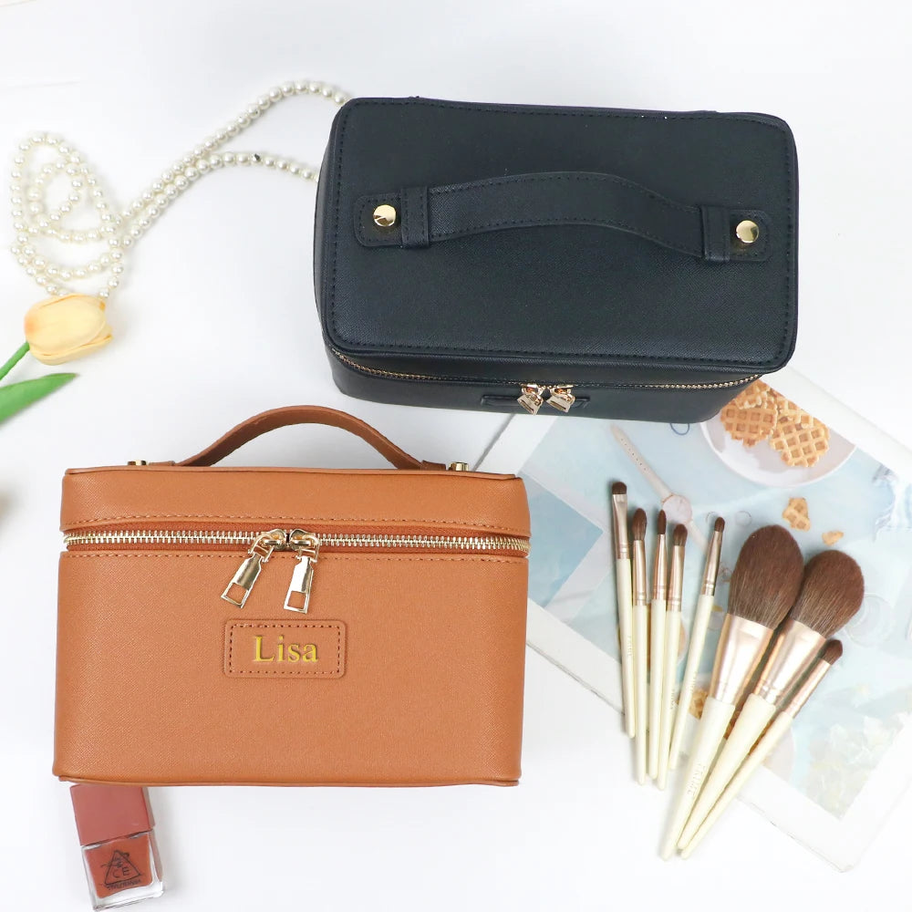 Customized name pu leather cosmetic bag with zoned storage and large capacity toiletry bag for autumn and winter new products