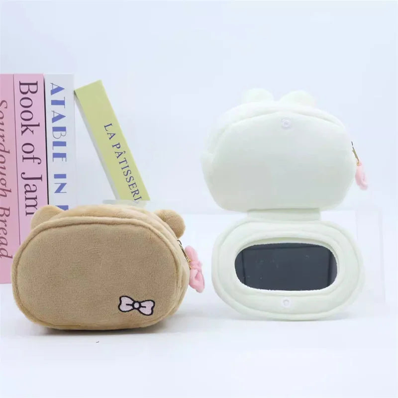 Rilakkuma Korilakkuma Bow Plush Makeup Bag With Mirror Storage Organizer Anime Bear Kawaii Cute Travel Cosmetic Bag Pouch