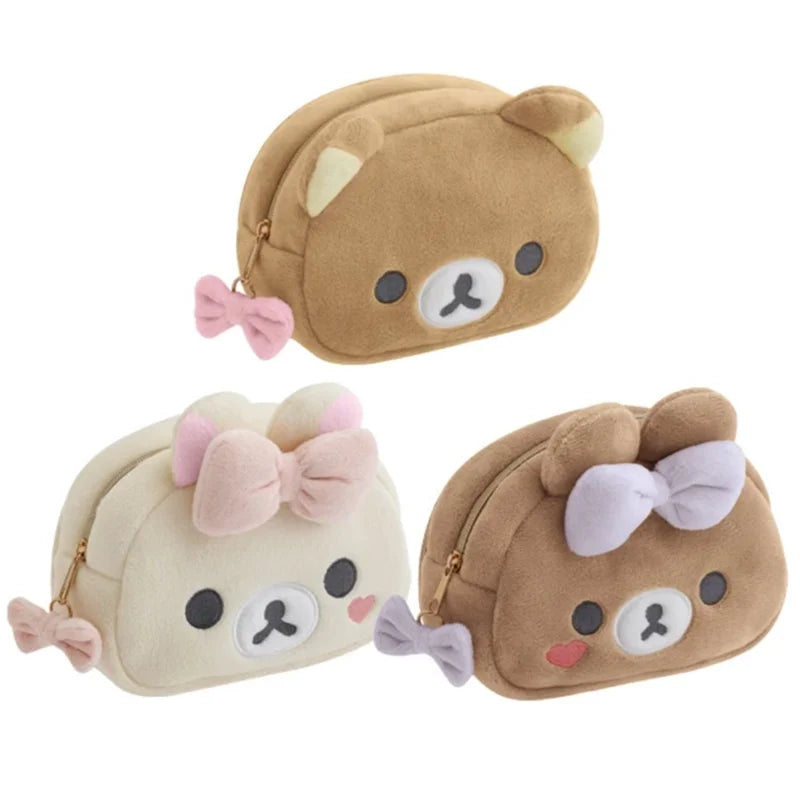 Rilakkuma Korilakkuma Bow Plush Makeup Bag With Mirror Storage Organizer Anime Bear Kawaii Cute Travel Cosmetic Bag Pouch