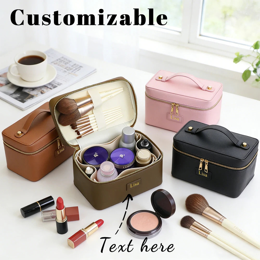 Customized name pu leather cosmetic bag with zoned storage and large capacity toiletry bag for autumn and winter new products