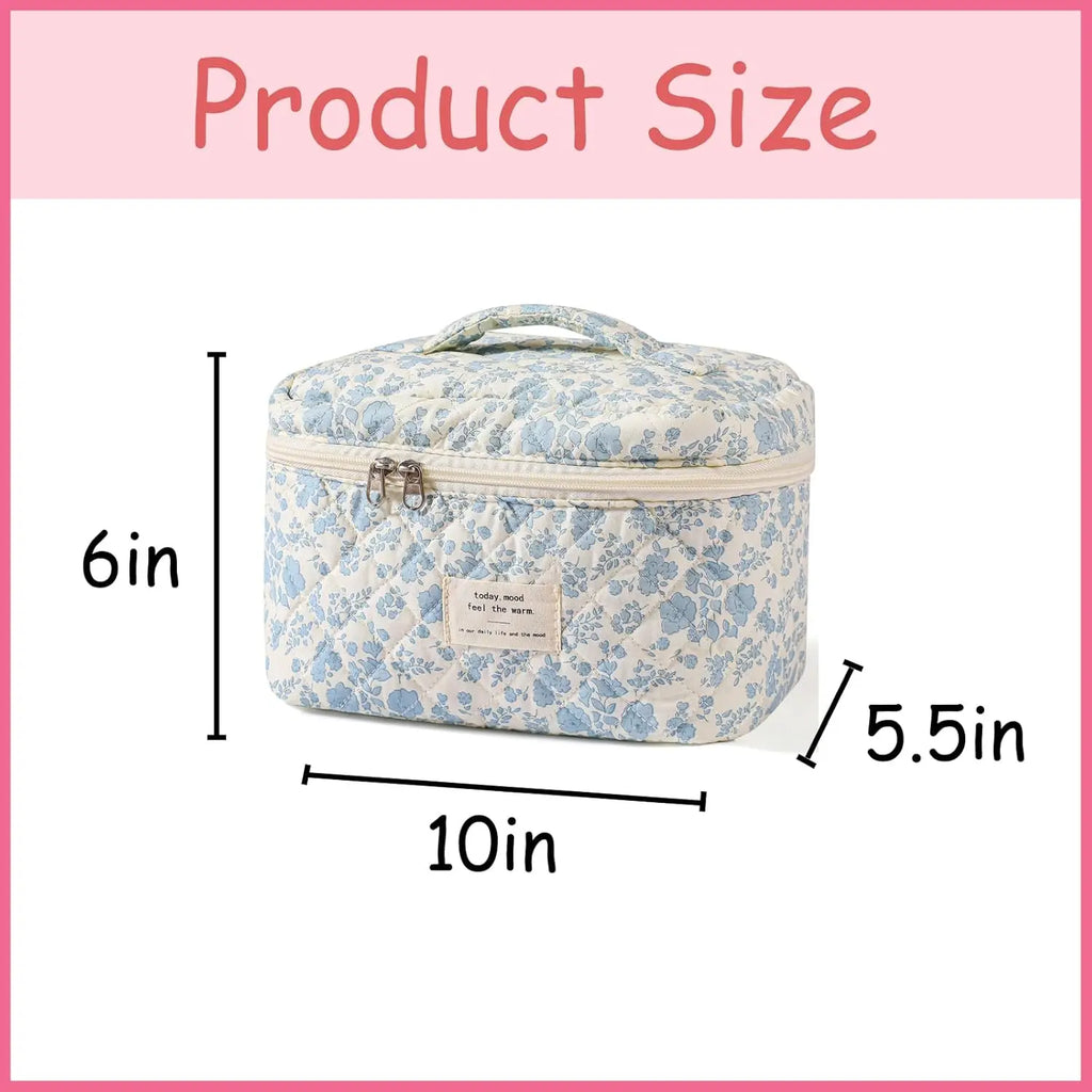 Large Travel Quilted Makeup Bag for Women, Floral Cotton Cosmetic Bag, Coquette Aesthetic Floral Toiletry Organizer Bag
