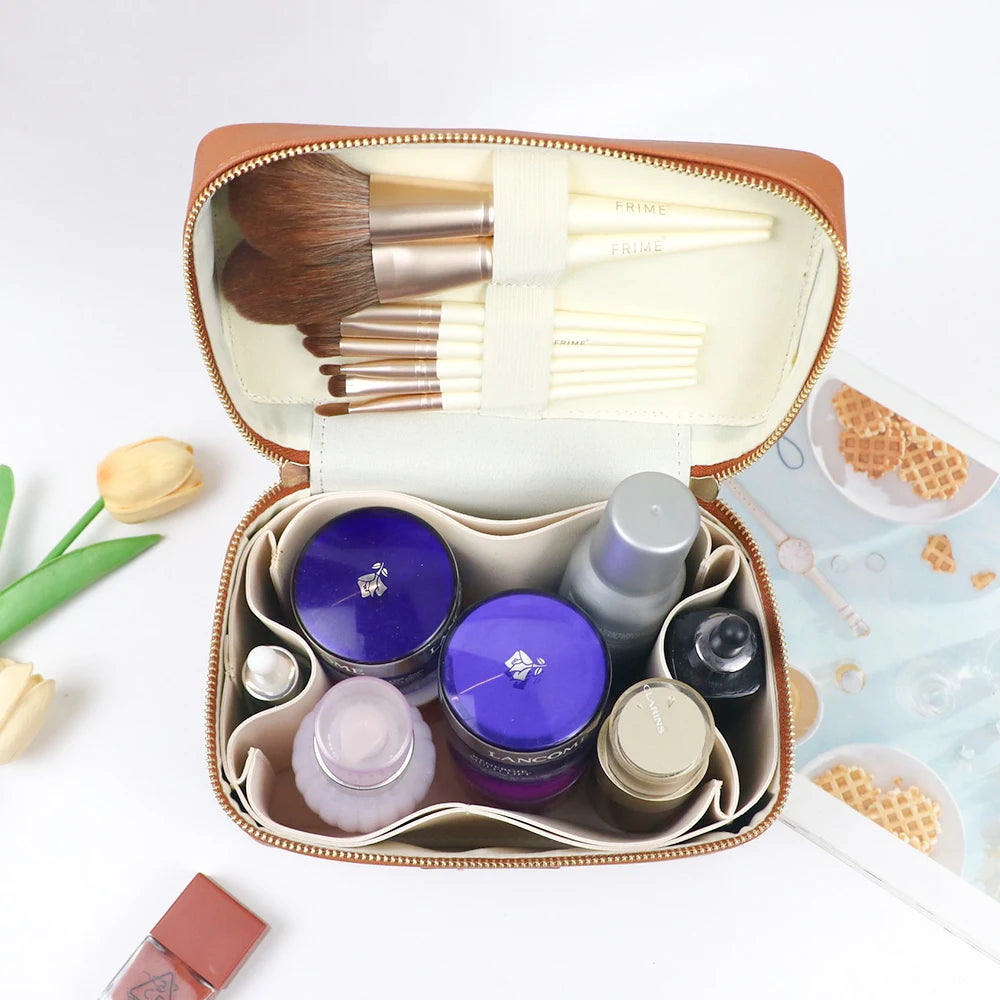 Customized name pu leather cosmetic bag with zoned storage and large capacity toiletry bag for autumn and winter new products