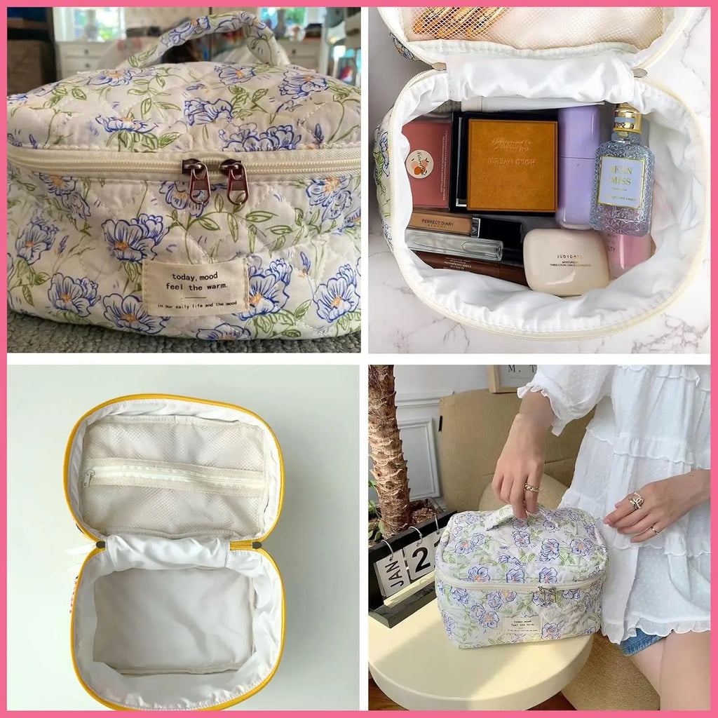 Large Travel Quilted Makeup Bag for Women, Floral Cotton Cosmetic Bag, Coquette Aesthetic Floral Toiletry Organizer Bag