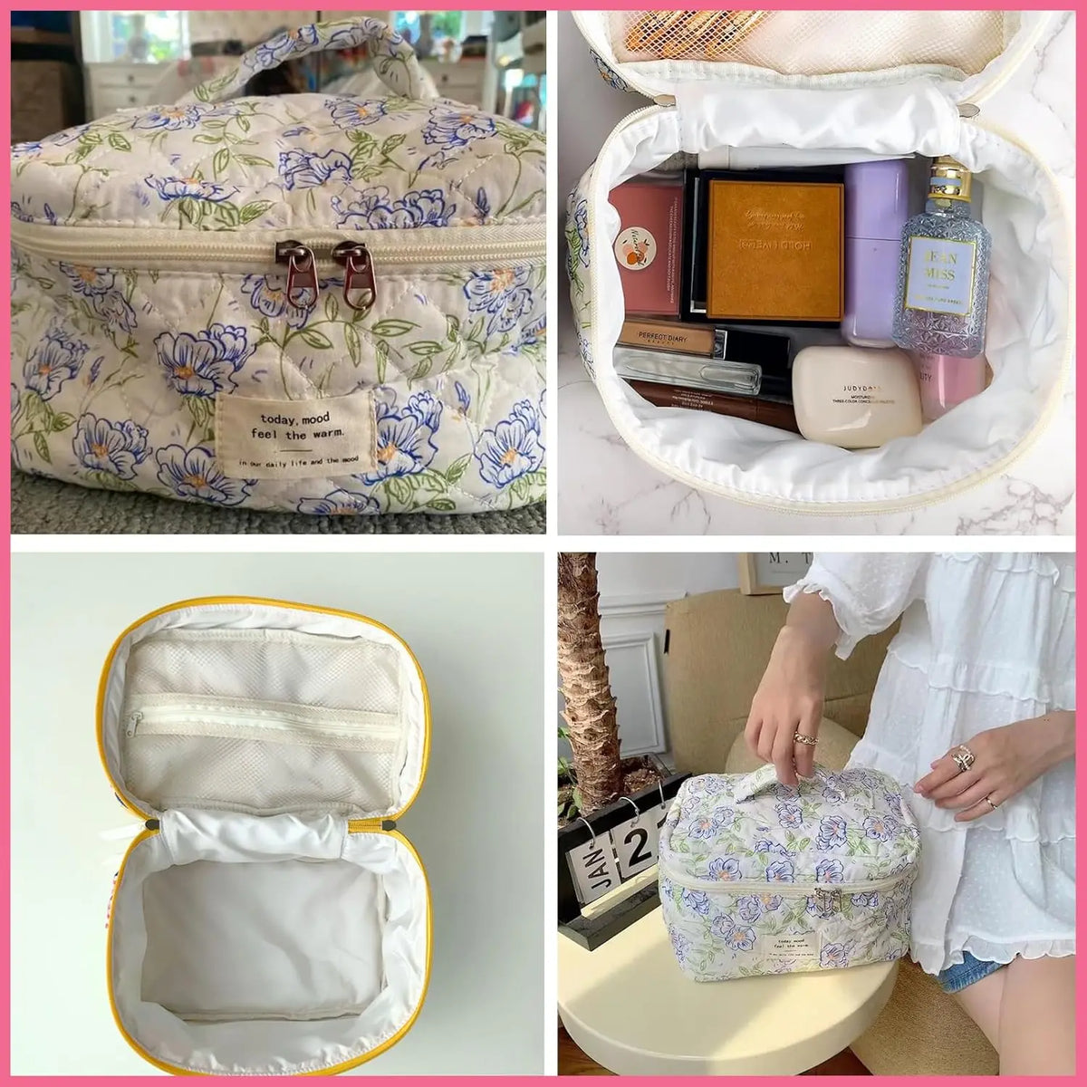 Large Travel Quilted Makeup Bag for Women, Floral Cotton Cosmetic Bag, Coquette Aesthetic Floral Toiletry Organizer Bag