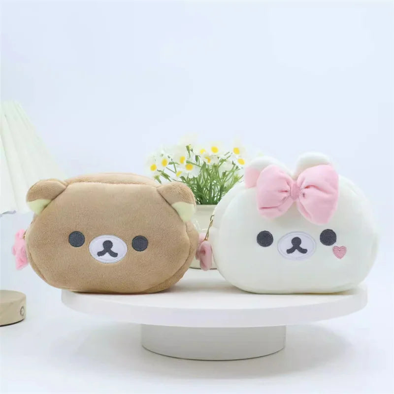 Rilakkuma Korilakkuma Bow Plush Makeup Bag With Mirror Storage Organizer Anime Bear Kawaii Cute Travel Cosmetic Bag Pouch